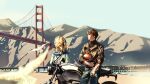  1boy 1girl bird black_hair black_jacket black_neckerchief blonde_hair blue_pants bridge brother_and_sister burn_scar cowboy_shot facing_away golden_gate_bridge helmet highres holding_unworn_helmet j_(reverse:1999) jacket leaning_against_motorcycle looking_to_the_side luojia_ying motor_vehicle motorcycle motorcycle_helmet mountain neckerchief outdoors pants paulina_(reverse:1999) polka_dot_neckerchief profile reverse:1999 san_francisco scar scar_on_arm scar_on_face shirt short_hair siblings sky step-siblings suspension_bridge too_many too_many_birds turning_head white_bird white_shirt white_sky 