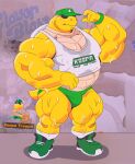2025 absurd_res anthro barazoku baseball_cap belly biceps big_muscles bodily_fluids bottomwear bulge clothed clothing coach deltoids dumbandgreen english_text eyewear facial_hair footwear frown hat headgear headwear hi_res hotpants huge_muscles koopa koopa_troopa male manly mario_bros midriff musclegut muscular muscular_anthro muscular_male nintendo nipple_outline pecs plantigrade quads reference_image scalie shadow shirt shoes shorts simple_background socks solo standing stubble sunglasses sweat sweat_stain tank_top text text_on_clothing text_on_shirt text_on_tank_top text_on_topwear thick_arms thick_thighs topwear triceps wet wet_body wet_clothing wristband