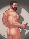  1boy arm_hair artist_name ass ass_hair bara bare_pectorals beard biceps chest_hair closed_mouth commission completely_nude dong_saeng_(gaysomecomics) english_commentary facial_hair highres holding holding_razor leg_hair looking_at_viewer male_focus muscular muscular_male mustache nipples nude original pectorals razor shaving_cream signature spotlight 