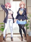  2girls absurdres arimura_mao arm_up belt black_jacket black_pantyhose blazer blue_eyes blue_ribbon blue_skirt blush breasts brown_belt brown_hair brown_shoes collared_shirt commentary_request full_body gakuen_idolmaster hatsuboshi_gakuen_school_uniform highres himesaki_rinami idolmaster indoors jacket large_breasts loafers long_hair looking_at_viewer multiple_girls neck_ribbon pants pantyhose pink_hair plant potted_plant ribbon school_uniform shirokuma_a shirt shoes skirt standing sweater sweater_under_jacket white_pants white_shirt yellow_sweater 