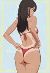  1girl adjusting_clothes adjusting_panties ass bare_arms bare_shoulders bikini black_hair blue_background border breasts closed_mouth commentary_request cowboy_shot dark-skinned_female dark_skin from_behind hair_behind_ear halterneck long_hair looking_ahead lottery_shogun medium_breasts notice_lines one-piece_tan original panties red_bikini solo standing string_bikini swimsuit tan tanlines underwear wedgie 