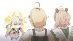  3girls absurdres ahoge animal_ears blonde_hair blue_eyes blue_hair blue_overalls brown_hair buruhas cat_ears closed_mouth dooby_(vtuber) dress fang fins fireworks fish_girl fish_tail green_dress highres holding holding_fireworks indie_virtual_youtuber long_hair looking_at_viewer low_twintails multicolored_hair multiple_girls nimi_nightmare one_eye_closed overalls sameko_saba shirt short_hair sleeveless sleeveless_dress smile smug sparkler streaked_hair tail tapir_ears tapir_girl twintails very_long_hair virtual_youtuber white_dress white_shirt 