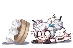 4:3 accessory animal_humanoid armwear asian_clothing bangs bodily_fluids chibi chinese_clothing clothing crying digital_drawing_(artwork) digital_media_(artwork) dropped dropping dumplings east_asian_clothing ebora eyebrows eyelashes falling felid felid_humanoid feline feline_humanoid female food food_creature group hair hair_accessory hair_bun hairclip hi_res humanoid lying mammal mammal_humanoid melusine_(fate) on_front on_ground open_mouth ponos_corp. salvation&#039;s_daughter_lunacia scared simple_background sweat sweat_emanata sweatdrop tail tears the_battle_cats tripping twin_buns white_eyes white_hair white_tail