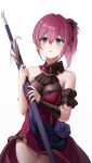  1girl absurdres bare_shoulders black_bow blush bow breasts cleavage detached_sleeves dress flower flower_ornament green_eyes highres holding holding_sword holding_weapon large_breasts looking_at_viewer mole mole_under_eye original pink_hair ponytail red_dress rose see-through_cleavage see-through_clothes simple_background solo sword weapon white_background winterlime12 