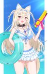  1girl animal_ear_fluff animal_ears arlonn arm_up armpits bandaid bandaid_hair_ornament bikini black_choker blonde_hair blue_bikini blue_nails blue_sky blush breasts choker cleavage cloud collarbone dog_ears dog_girl dog_tail eyewear_on_head feet_out_of_frame frilled_bikini_bottom front-tie_bikini_top front-tie_top fuwawa_abyssgard hair_between_eyes hair_ornament hairclip highres holding holding_water_gun hololive hololive_english large_breasts long_hair looking_at_viewer navel open_mouth parallel_hairclips pink_eyes sky smile solo stomach striped_bikini striped_clothes swim_ring swimsuit tail thighs virtual_youtuber water_gun 
