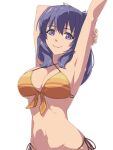  1girl armpit_crease armpits bikini breasts chiharu_(9654784) cleavage dress eiyuu_densetsu front-tie_bikini_top front-tie_top hair_between_eyes highres kai_no_kiseki kuro_no_kiseki_(series) large_breasts long_hair looking_at_viewer navel purple_eyes purple_hair rixia_mao sidelocks simple_background smile solo stretching swimsuit upper_body white_background 
