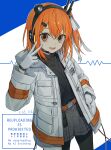  1girl :d a.i._voice adachi_rei artist_name belt black_pantyhose black_shirt commentary cowboy_shot ctd_114 gloves grey_shorts hair_ribbon hand_up headset highres jacket long_sleeves looking_at_viewer one_side_up open_clothes open_jacket open_mouth orange_belt orange_eyes orange_hair pantyhose pantyhose_under_shorts ribbon shirt short_hair shorts smile solo utau v watermark white_background white_gloves white_jacket white_ribbon 