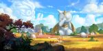  2girls blue_sky chinnkun cloud cloudy_sky fantasy from_behind heimerdinger landscape league_of_legends multiple_girls painterly rock sheep signature sky statue tree village wheat wheat_field 