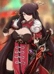  1girl absurdres beidou_(genshin_impact) black_leotard black_thighhighs blackcliff_slasher_(genshin_impact) breasts brown_hair china_dress chinese_clothes cleavage cleavage_cutout clothing_cutout commentary dress earrings elbow_gloves english_commentary eyepatch fingerless_gloves genshin_impact gloves highres holding holding_sword holding_weapon jewelry large_breasts leotard long_hair omiza_somi parted_lips pelvic_curtain red_dress smile solo sword thighhighs weapon 