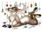 2016 anthro antlers bell black_hooves blue_eyes breasts brown_body brown_fur butt candy_cane_in_mouth christmas_decorations christmas_ornament deer female full-length_portrait fur grey_antlers grey_body grey_fur hooves horn humanoid_hands inner_ear_fluff looking_at_viewer low_res lying mammal marker_(artwork) michele_light new_world_deer nude on_front pen_(artwork) pink_inner_ear portrait reindeer shaded short_tail snout solo tail traditional_media_(artwork) tuft unguligrade white_body white_fur white_inner_ear_fluff