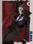  1girl absurdres black_jacket black_pants black_smoke black_suit blue_necktie brown_hair character_name collared_shirt distortion_(project_moon) elena_(project_moon) highres jacket lapels library_of_ruina long_hair looking_at_viewer necktie notched_lapels ny_000a pants parted_lips project_moon red_background red_eyes shirt solo suit wavy_hair white_shirt zoom_layer 