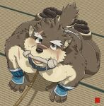  1boy all_fours animal_ear_fluff animal_ears ass bara barefoot belly bone bone_in_mouth dog_boy dog_ears dog_nose dog_tail fat fundoshi furry furry_male gauntlets japanese_clothes looking_at_viewer looking_up male_focus moritaka_(housamo) notched_ear open_mouth pawpads pectorals plump rossciaco scar scar_across_eyebrow scar_on_cheek scar_on_face scar_on_nose scar_on_shoulder smile sweat tail tatami thick_eyebrows tokyo_afterschool_summoners tongue tongue_out topless_male very_sweaty 