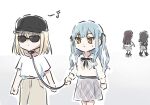  4girls bang_dream! bang_dream!_it&#039;s_mygo!!!!! baseball_cap black_collar black_hat blonde_hair blue_hair brown_skirt collar grey_skirt hat holding holding_leash leash long_hair long_sleeves lyy medium_hair misumi_uika multiple_girls shiina_taki shirt short_sleeves sidelocks skirt sunglasses sweatdrop togawa_sakiko white_shirt yahata_umiri 