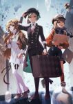  3girls :o ankle_boots apple apple_(reverse:1999) arm_up ascot black_boots black_bow black_bowtie black_coat black_hat black_pants black_vest blue_dress blue_neckerchief boater_hat boots bow bowtie brown_hair building checkered_hairband coat collared_dress dress food fruit full_body glass_pen grey_cloak grey_hair grey_shoes grey_sky grey_sleeves hair_bun hairband hand_on_headwear hand_up hat high_collar holding holding_pen holding_record_jacket hugging_object long_hair looking_up milmil7 multiple_girls neckerchief newsboy_cap open_mouth orange_eyes orange_hair pants pants_under_dress pen polka_dot_neckerchief rain record_jacket red_socks regulus_(reverse:1999) reverse:1999 shattered shirt shoes short_dress short_hair single_side_bun sky socks sonetto_(reverse:1999) standing suitcase sunglasses traditional_bowtie two_side_up unworn_eyewear vertin_(reverse:1999) very_long_hair vest waistcoat water_drop white_ascot white_dress white_pants white_shirt 