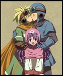  2boys :d blonde_hair born_free brown_background cape closed_eyes cousins dragon_quest dragon_quest_ii goggles hand_on_shoulder hat helmet incest kiss long_hair multiple_boys open_mouth prince_of_lorasia prince_of_samantoria princess_of_moonbrook purple_hair red_eyes smile spiked_hair yaoi 