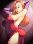  armpits arms_up ass bad_id bad_pixiv_id breasts curvy dress earrings elbow_gloves eyeshadow gloves hair_over_one_eye half-closed_eyes jessica_rabbit jewelry large_breasts lips lipstick long_hair makeup maou_alba no_legwear orange_hair puckered_lips red_dress red_lipstick side_slit sideboob solo strapless strapless_dress who_framed_roger_rabbit 