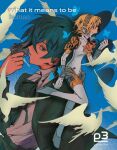  1boy 1girl aigis_(persona) android animal aqua_eyes aqua_hair bird blonde_hair blue_eyes blue_hair bow bowtie bug butterfly closed_mouth english_text expressionless gekkoukan_high_school_uniform gun gun_to_head hairband headphones holding holding_gun holding_weapon jacket joints pemprika persona persona_3 red_bow ribbon robot_joints school_uniform short_hair silhouette weapon yuuki_makoto_(persona_3) 