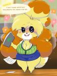 2020 3:4 absurd_res accessory animal_crossing anthro bangs barefoot big_breasts big_hair biped blonde_hair blurred_background blush blush_lines bottomwear breasts brown_body brown_fur brown_highlights buckteeth canid canine canis cardigan character_name cleavage clothed clothing collared_shirt digital_media_(artwork) dipstick_tail domestic_dog dress_shirt emanata english_text eye_through_hair feet female flower_emanata fluffy fluffy_ears fluffy_hair front_view full-length_portrait fur hair hair_accessory hair_bun hair_tie happy header_box heart_eyes heart_symbol hi_res highlights_(coloring) holding_binder holding_document holding_ear holding_object holding_paper huge_breasts huge_hips huge_thighs inside isabelle_(animal_crossing) lips mammal markings nintendo open_mouth open_smile paper pencil_skirt portrait shih_tzu shirt short_stack skirt smile solo sparkles sparkling_eyes speech_bubble squeeeshie standing tail tail_markings talking_to_viewer teeth text thick_thighs topwear toy_dog translucent translucent_hair unbuttoned_shirt wide_hips yellow_body yellow_fur