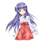  blue_hair furude_rika highres higurashi_no_naku_koro_ni japanese_clothes long_hair long_sleeves looking_at_viewer miko purple_eyes simple_background smile solo white_background yorimichi_(aoixx) 