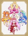  4girls absurdly_long_hair akagi_towa amanogawa_kirara animal aqua_eyes aqua_hair bare_legs bare_shoulders black_ribbon blonde_hair blue_collar blue_eyes blue_hair blue_ribbon blue_shirt blue_skirt blue_socks blunt_bangs boots border bow bowtie bracelet braid bridal_gauntlets bright_pupils brooch brown_border buttons center_frills choker closed_mouth coattails collar commentary corset crop_top cure_flora cure_mermaid cure_scarlet cure_twinkle deformed detached_collar detached_sleeves dot_nose dress drill_hair earrings expressionless eyelashes floating flower flower_brooch flower_choker flower_earrings footwear_bow footwear_flower forehead frilled_dress frilled_sleeves frills full_body fur_sleeves gloves go!_princess_precure gold_bracelet gold_tiara gradient_hair grid_background hair_bow hair_bun hair_flower hair_ornament hair_ribbon hair_scrunchie half_updo hand_on_own_chest happy haruno_haruka hat_ornament high_heel_boots high_heels highres jewelry kaidou_minami knee_boots kneehighs layered_dress leg_ribbon leg_up light_blush long_dress long_hair long_sleeves looking_at_viewer low_twintails magical_girl medium_dress midriff miniskirt multicolored_hair multiple_girls navel neck_ribbon necklace open_mouth orange_corset orange_hair outline outside_border outstretched_arms outstretched_hand parted_bangs parted_lips pearl_necklace picture_frame pink_bow pink_bowtie pink_dress pink_eyes pink_flower pink_hair pleated_dress pleated_skirt pleated_sleeves pointy_ears precure puffy_short_sleeves puffy_sleeves purple_bow purple_bowtie purple_eyes purple_hair red_brooch red_dress red_ribbon red_shoes red_sleeves ribbon scrunchie shell shell_earrings shell_hair_ornament shirt shoes short_dress short_sleeves signature single_braid single_hair_bun skirt skirt_hold smile socks standing star_(symbol) star_earrings star_hat_ornament straight-on strapless strapless_dress streaked_hair tareme teeth thick_eyebrows thigh_boots tiara train_(clothing) twintails two-tone_hair two_side_up upper_teeth_only uwded_207 very_long_hair waist_bow wavy_hair white_background white_boots white_bow white_bridal_gauntlets white_dress white_flower white_gloves white_outline white_pupils white_sleeves wing_hair_ornament yellow_collar yellow_dress yellow_scrunchie 