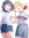  2girls absurdres blonde_hair bottle braid closed_eyes commentary_request cowboy_shot denim denim_shorts fang flower food fujita_kotone gakuen_idolmaster hair_flower hair_ornament hataya_misuzu highres holding holding_bottle holding_plate idolmaster kitanoneko mole mole_under_mouth multiple_girls open_mouth plate purple_eyes purple_hair shaved_ice shirt short_hair shorts simple_background skin_fang smile squeeze_bottle white_background white_shirt 