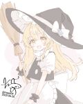  1girl apron black_dress black_hat black_wrist_cuffs blonde_hair bow braid broom chame_(myyo04) cowboy_shot dated dress frilled_apron frilled_wrist_cuffs frills hat hat_bow holding holding_broom kirisame_marisa long_hair looking_at_viewer open_mouth short_sleeves signature simple_background smile solo touhou white_apron white_background white_bow witch_hat wrist_cuffs yellow_eyes 