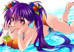  bad_id bad_pixiv_id bikini bracelet breasts drinking food food_themed_hair_ornament fruit grapes hair_ornament highres irie_jun jewelry large_breasts long_hair looking_at_viewer lying on_stomach original purple_eyes purple_hair side-tie_bikini solo strawberry strawberry_hair_ornament swimsuit twintails water 