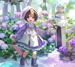 1boy 1girl :d artist_name black_hair blue_hanfu boots child chinese_clothes closed_mouth closed_umbrella commentary crossed_arms detached_sleeves dress dress_flower flower frilled_dress frills full_body grey_hair hanfu highres holding holding_umbrella hood hood_up hooded_dress hydrangea jiangshi kuroda_(kuro_yyy) lace-trimmed_dress lace_trim layered_sleeves long_hair low_ponytail ofuda ofuda_on_head open_mouth original outdoors pink_flower plant ponytail puddle puffy_sleeves purple_boots purple_dress purple_flower red_eyes rei_(kuroda_(kuro_yyy)) robe rubber_boots short_hair side_slit smile standing tassel teeth tree twitter_username umbrella upper_teeth_only water white_robe white_sleeves wide_sleeves 