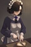  1girl apron black_hair black_ribbon bread bread_slice chopping closed_mouth cutting_board dress flower food grey_background hair_over_one_eye highres holding holding_knife knife looking_at_viewer maid maid_headdress milmil7 neck_flower neck_ribbon one_eye_covered pink_eyes purple_dress purple_flower reverse:1999 ribbon short_hair smile solo table toast tuesday_(reverse:1999) upper_body white_apron 