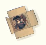  1boy ahoge animal_ears artist_name black_boots black_hair black_hanfu boots box cardboard_box chibi chibi_only chinese_clothes closed_eyes english_commentary fetal_position from_above hair_ribbon hanfu hat highres in_box in_container kemonomimi_mode long_hair long_sleeves lying male_focus minataka94 modao_zushi on_back ponytail rabbit_boy rabbit_ears rabbit_tail red_ribbon ribbon robe sleeping solo tail wei_wuxian white_background wide_sleeves 