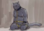 2012 anthro bdsm belly black_body black_fur bondage bound brown_background collar colored cuff_(restraint) eyebrows felid fur grey_background guide_lines jeri_kleinlowe kneeling looking_at_viewer male mammal nude nude_male overweight pantherine raised_eyebrow restraints simple_background slave smile solo tail wrist_cuffs