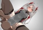  1boy 1girl :o absurdres ahoge azur_lane breasts brown_thighhighs commentary_request covered_navel dark-skinned_male dark_skin dress girl_on_top gradient_background grey_background grey_dress grey_hair hakkaman119 hands_on_another&#039;s_thighs hetero highres interracial large_breasts large_variant_set long_hair multicolored_hair parted_lips prinz_eugen_(azur_lane) sideboob sitting_on_face solo_focus squatting streaked_hair thick_thighs thighhighs thighs two_side_up variant_set 