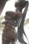  1girl alternate_costume ass breasts bridal_gauntlets choker cinderella_(nikke) covered_nipples dutch_angle ear_piercing from_behind goddess_of_victory:_nikke hair_over_one_eye highres large_breasts long_hair looking_at_viewer mask mouth_mask navel piercing red_eyes thighhighs tree twintails underboob uzzy2801 white_hair 