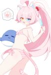  1girl absurdres ahoge animal_ear_fluff animal_ears ass bare_arms bare_shoulders bikini blue_archive blue_eyes breasts cat_ears cat_girl cat_tail cowboy_shot fang food heterochromia highres holding holding_food holding_popsicle hoshino_(blue_archive) long_hair open_mouth pink_bikini ponytail popsicle small_breasts solo swimsuit tail ttriwk very_long_hair white_background yellow_eyes 