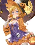  1girl absurdres bandaged_wrist bandages black_hat blonde_hair blue_eyes blush breasts bucket collarbone commentary_request dress earrings food food-themed_earrings fruit grin halloween halloween_bucket hat highres holding holding_bucket holding_pumpkin iwato_(celler) jack-o&#039;-lantern jewelry looking_at_viewer medium_breasts orange_(fruit) orange_scrunchie orange_slice original pumpkin pumpkin_earrings purple_dress scrunchie short_hair skull smile solo thigh_scrunchie thighhighs witch witch_hat 