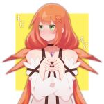  1girl absurdres armpit_crease bare_shoulders black_choker blunt_bangs blush choker closed_mouth detached_sleeves dress embarrassed gem green_eyes hair_ornament hair_ribbon highres jewelry kingdom_hearts kingdom_hearts_x long_hair long_sleeves looking_at_viewer looking_to_the_side low_twintails necklace orange_hair orange_ribbon own_hands_together pearl_necklace purple_gemstone ribbon smile solo steepled_fingers strelitzia_(kingdom_hearts) translation_request twintails two-tone_background very_long_hair w3n6ev white_background white_dress x_hair_ornament yellow_background 