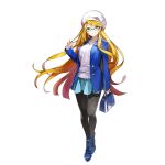 1girl bag black_pantyhose blonde_hair blue_boots blue_coat blue_skirt boots breasts coat fur_hat glasses hat holding holding_bag large_breasts long_hair masyu_yuyu pantyhose skirt sweater torte_zief uchi_no_hime-sama_ga_ichiban_kawaii white_hat white_sweater yellow_eyes 
