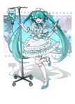  1girl :d absurdres ankle_cuffs apron aqua_bow aqua_dress aqua_eyes aqua_hair aqua_nails aqua_shoes aqua_theme bandaged_arm bandaged_leg bandages blue_background blue_bow bow bow_apron bowtie commentary doll_joints dress foot_up frilled_apron frilled_dress frills full_body hair_bow hat hatsune_miku high_heels highres holding holding_syringe intravenous_drip joints looking_at_viewer myuga66666 nurse nurse_cap open_mouth puffy_short_sleeves puffy_sleeves shoes short_sleeves smile solo syringe twintails vocaloid white_apron white_background 