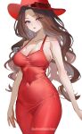  1girl bad_source blue_eyes bow breasts brown_hair cleavage closed_mouth collarbone covered_navel cowboy_shot donkey_kong_(series) dress eyeshadow fedora hat hat_bow highres large_breasts lipstick long_hair looking_to_the_side makeup mario_(series) pauline_(mario) purple_eyeshadow red_dress red_hat red_lips shuri_(84k) simple_background sleeveless sleeveless_dress smile solo standing super_mario_odyssey taut_clothes taut_dress twitter_username wavy_hair white_background 