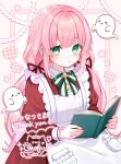  &gt;_&lt; 1girl :3 apron back_bow beads blush book bow bowtie buttons collared_dress commentary_request commission dot_nose dress fingernails flower_symbol frilled_apron frills ghost green_bow green_bowtie green_eyes grid_background hair_intakes hair_ribbon heart heart_in_eye highres holding holding_book indie_virtual_youtuber long_hair long_sleeves looking_at_viewer low_twintails maid_apron mitsunatsu open_book otoufu_tea parted_lips pink_background pink_hair puffy_long_sleeves puffy_sleeves red_dress red_ribbon ribbon sidelocks signature skeb_commission solo striped_bow striped_bowtie striped_clothes symbol_in_eye thank_you twintails upper_body virtual_youtuber white_apron white_bow 