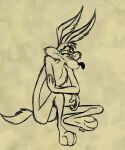 2013 3_toes 4_fingers anthro arm_on_knee arm_tuft athletic belly bent_legs biped black_eyes black_nose butt_tuft calf_tuft canid canine canis casual_nudity chest_tuft coyote digital_drawing_(artwork) digital_media_(artwork) elbow_tuft eyebrows feet fingers glance half-closed_eyes hand_on_arm hand_on_own_arm head_tuft hip_tuft humanoid_hands humanoid_heel knee_tuft knee_up leg_tuft line_art looking_at_viewer looney_tunes male mammal monochrome narrowed_eyes nude paws pecs pinup plantigrade pose raised_eyebrow sepia shoulder_tuft signature simple_background sitting sketch skinny smile smiling_at_viewer soles solo stevethedragon tan_background toes tuft warner_brothers wavy_mouth wavy_smile wile_e._coyote