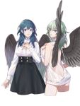  1girl alternate_costume alternate_hair_color ass black_wings blue_eyes blue_hair butt_crack clovisxvii commentary_request cropped_legs feathered_wings female_byleth_(enlightened)_(fire_emblem) female_byleth_(fire_emblem) fire_emblem fire_emblem:_three_houses from_behind garreg_mach_monastery_uniform green_eyes green_hair highres looking_back medium_hair multiple_views parted_lips simple_background virgin_killer_outfit virgin_killer_sweater white_background wings 