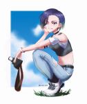  1girl armband bare_shoulders black_armband black_choker blue_hair bob_cut breasts brown_eyes camera choker collarbone crop_top denim gradient_hair grey_shirt grin highres holding holding_camera jeans liam_(lhzur) loose_hair_strand medium_breasts midriff multicolored_hair off-shoulder_shirt off_shoulder one_eye_closed pants perrin_(pokemon) pokemon pokemon_sv ribbed_shirt shirt shoes short_hair sleeveless sleeveless_shirt smile squatting undershirt v-neck watch white_shoes wristwatch 