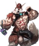 abs anthro arm_hair balls barazoku belly_hair black_eyebrows black_nose black_penis blue_eyes body_hair brown_body brown_fur brown_tail canid canine chest_hair dust_yang eyebrows fangs flexing_muscles foreskin front_view fur genitals hairy_balls half-erect hi_res humanoid_genitalia humanoid_penis hybrid_genitalia hybrid_penis knot knotted_humanoid_penis knotted_penis leg_hair looking_at_viewer male male_anthro mammal muscular muscular_anthro muscular_male open_mouth pecs penis solo standing tail teeth vein veiny_penis white_balls white_body white_fur white_tail
