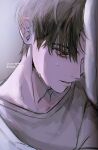  1boy adam&#039;s_apple brown_eyes brown_hair eyes_visible_through_hair gaebok_jing grey_background grey_shirt hair_over_one_eye highres looking_down male_focus nose original parted_lips portrait shirt short_hair simple_background solo teeth wet 