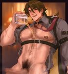  1boy absurdres alcohol bara beard_stubble beer biceps blush brown_hair censored chalseu cross_scar cup english_commentary facial_hair gallagher_(honkai:_star_rail) grey_shirt highres holding holding_cup honkai:_star_rail honkai_(series) long_hair looking_at_viewer loose_necktie male_focus muscular muscular_male navel necktie nipples open_clothes open_mouth open_shirt pectorals penis ponytail pouring pouring_onto_self pubic_hair red_necktie scar scar_on_arm shirt sleeves_rolled_up smile strap stubble 