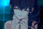  2girls alien_stage asahina_mafuyu closed_eyes commentary english_commentary hands_on_another&#039;s_neck hands_on_another&#039;s_wrists highres long_hair miyotastic multiple_girls ponytail project_sekai purple_hair smile tile_wall tiles transfusion yoisaki_kanade 