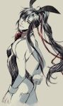  1boy ahoge alternate_costume animal_ears artist_name ass bare_arms bare_legs bare_shoulders black_hair black_leotard bow bowtie closed_mouth crossdressing detached_collar fake_animal_ears fake_tail grey_eyes hair_ribbon highres leotard long_hair looking_at_viewer looking_back male_focus male_playboy_bunny minataka94 modao_zushi monochrome playboy_bunny ponytail rabbit_ears rabbit_tail red_bow red_bowtie red_ribbon ribbon sidelocks simple_background smile solo spot_color strapless strapless_leotard tail trap very_long_hair wei_wuxian wrist_cuffs 