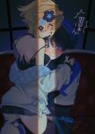  ! !! 1boy 1girl absurdres amano_hotaru_(hotaama) bare_shoulders black_gloves black_shorts black_skirt blonde_hair blush couch couple cowboy_shot dress fingerless_gloves genshin_impact gloves hand_on_another&#039;s_thigh hetero highres looking_at_viewer lumine_(genshin_impact) off_shoulder official_alternate_costume on_couch open_mouth purple_eyes purple_hair red_couch scaramouche_(genshin_impact) shirt short_hair shorts sitting skirt white_dress white_shirt yellow_eyes 