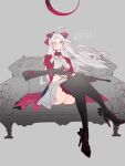  1girl absurdres assault_rifle bow carlotta_(wuthering_waves) dress english_text gun hairband highres holding holding_gun holding_weapon jacket pink_bow pink_hairband pink_jacket pokki961 rifle sitting solo speech_bubble weapon white_dress wuthering_waves 